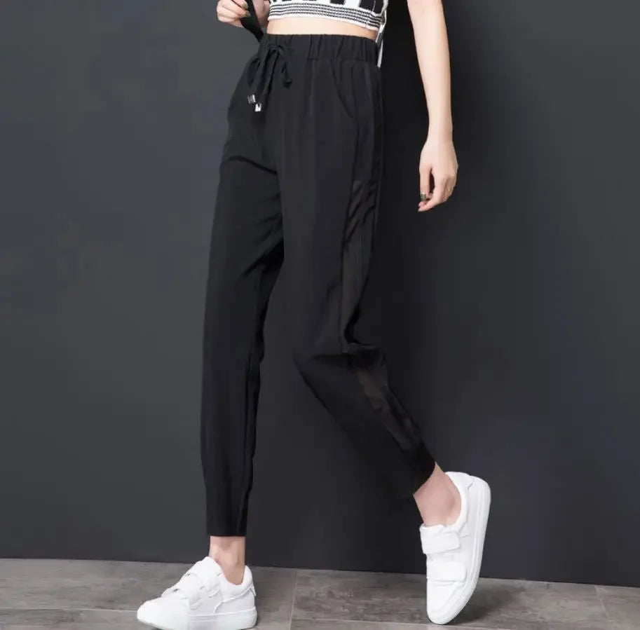 Ice Silk Summer Sweat Home Sports Pants for Women Joggers Jogging Black Cropped Trousers Harem Sarouel Sweatpants Ripped Fashion