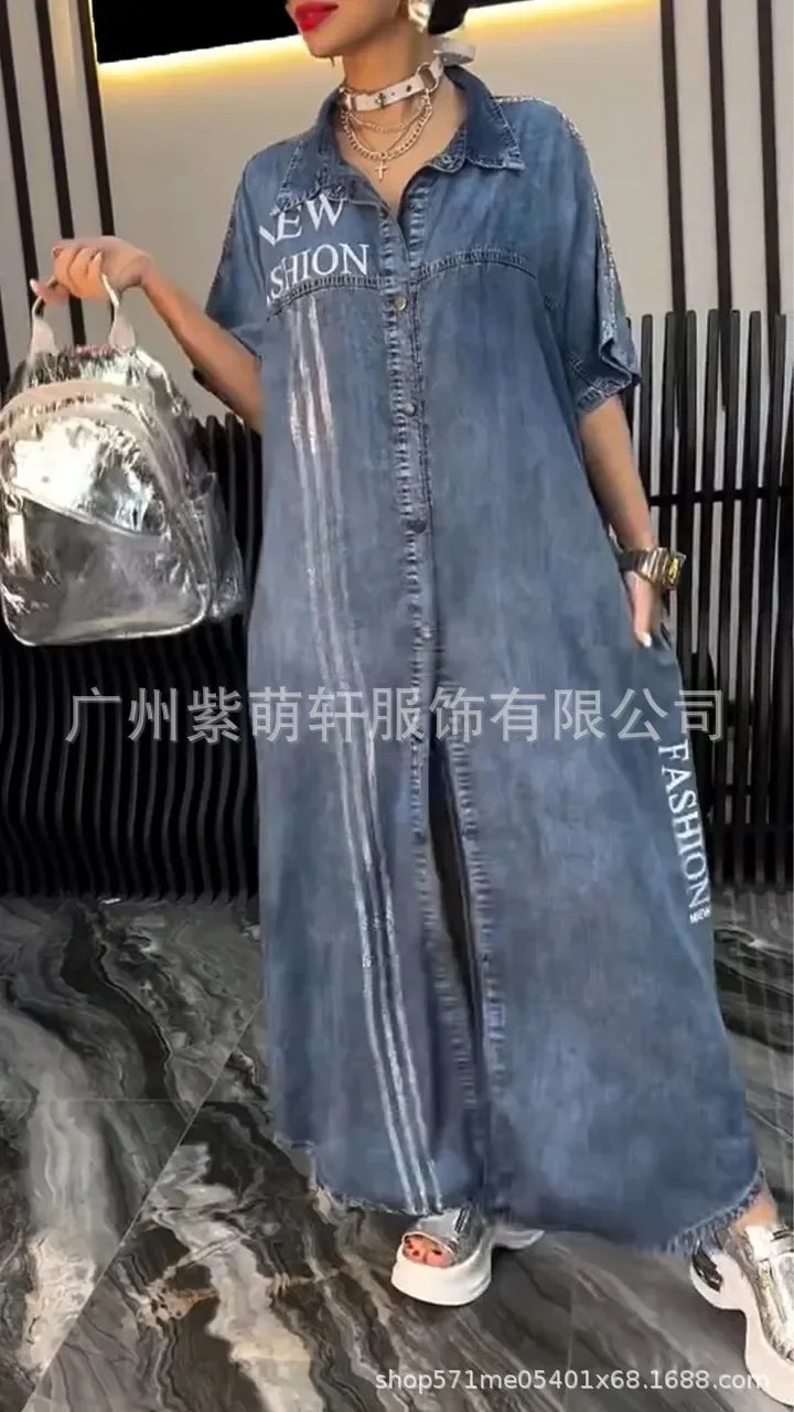 Denim Dress Women Long Dresses Letter Print Vestidos Single Breasted Turn Down Collar Distressed Maxi Gown Summer A Line