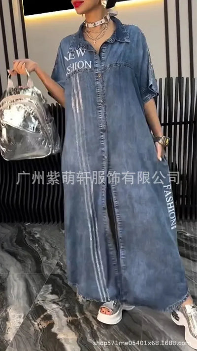 Denim Dress Women Long Dresses Letter Print Vestidos Single Breasted Turn Down Collar Distressed Maxi Gown Summer A Line