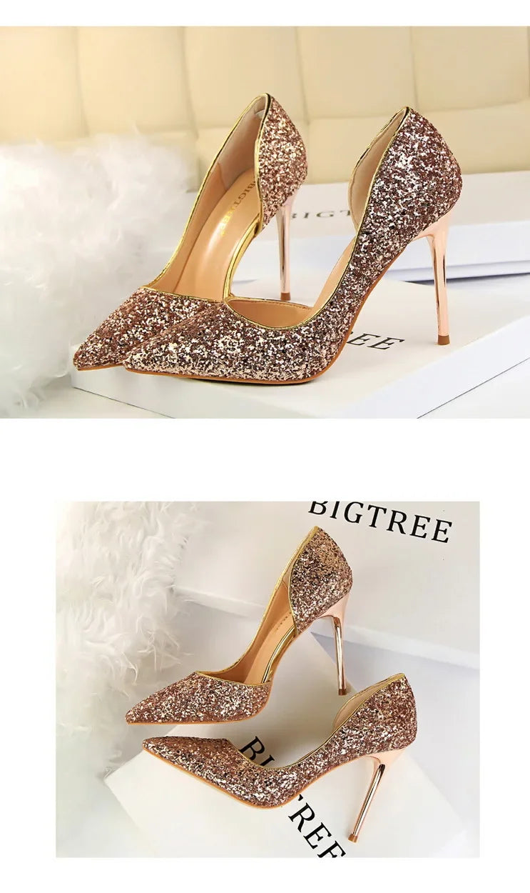 BIGTREE Shoes Champagne Women Pumps Sequin Wedding Shoes Stiletto High Heels Women Shoes Luxury Party Shoes Pumps Plus Size 43