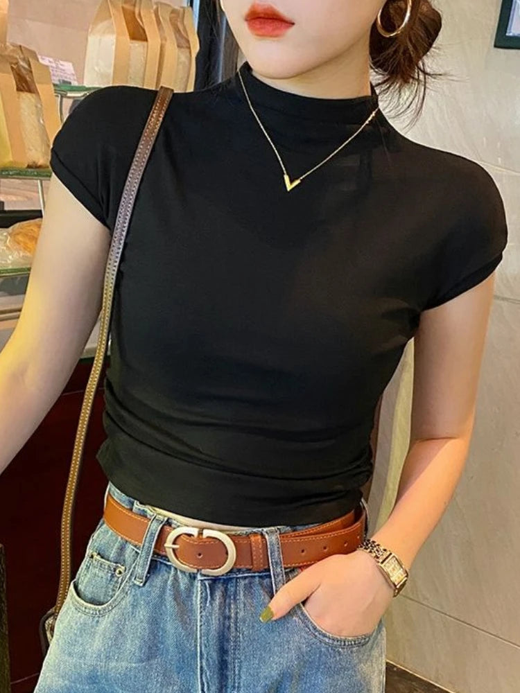 Crew Neck Fashion Women T Shirt Street Casual Knitted T-Shirt Solid Top Tees Sexy Slim Summer Short Sleeve Women's Clothing