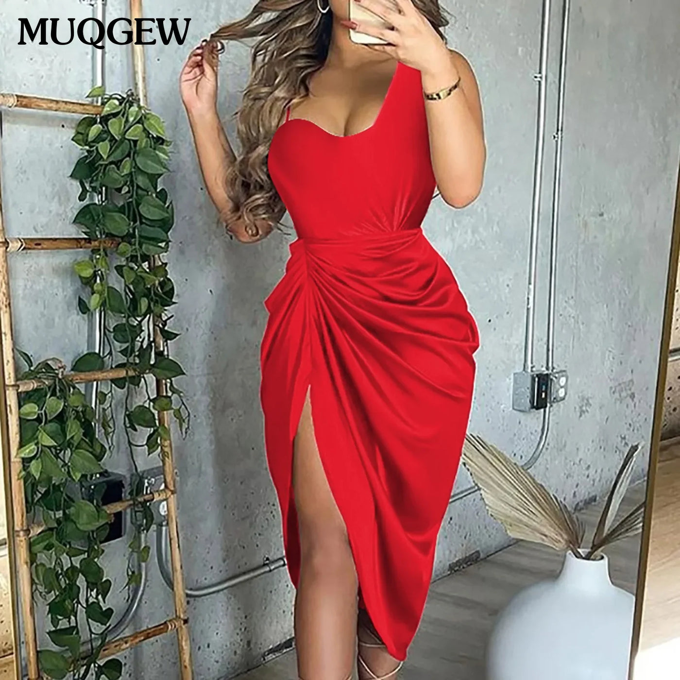 Women Sexy Dresses Summer 2024 Solid Color Sexy Slit Midi Smocked One Shoulder Evening Dress Luxury Elegant Dresses