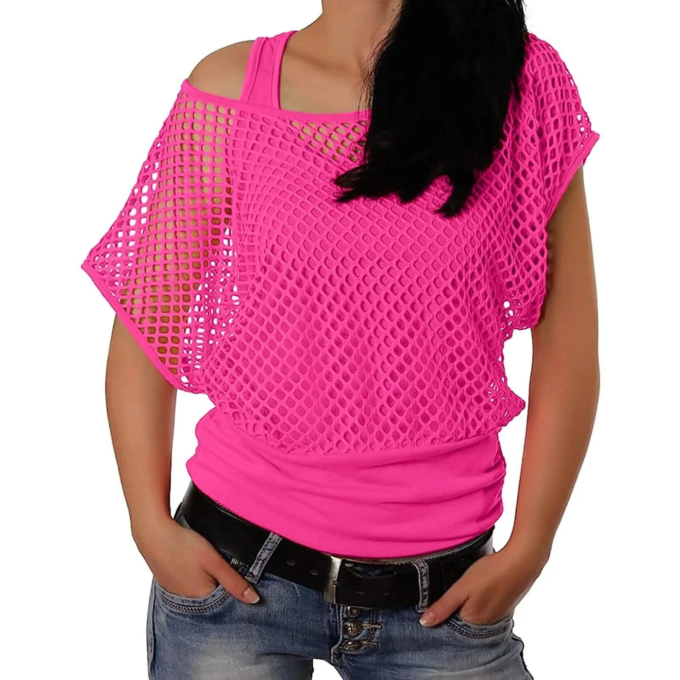 Women Shirts 80s Neon Fishnet Mesh Top Off Shoulder Tops