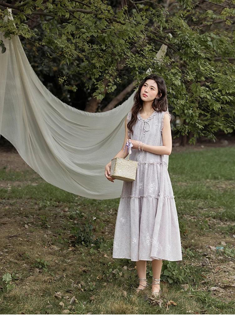 MISHOW Summer Embroidered Dress for Women 2025 New Round Neck Ruffled Sleeveless A-line Midi Dresses Female Fashion MXE33L2231