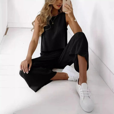 Women's New Cotton Linen Suit Summer Casual Sleeveless Round Neck Top Trousers Wide Leg Pants Two-piece Set For Women
