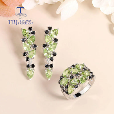 Fashion Peridot Jewelry set natural Gemstone Earring Ring 925 steling siver fine jewelry for women nice gift