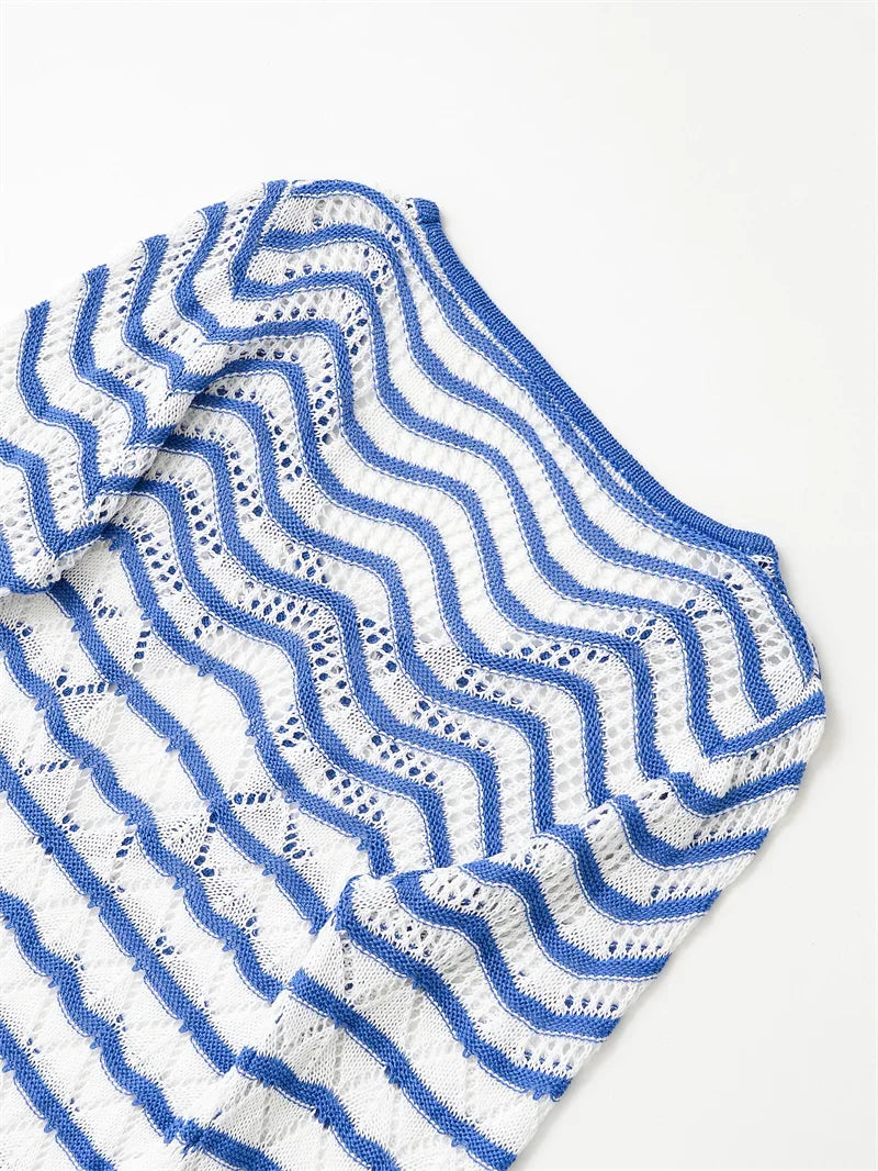 Women's dress 2025 summer new style  blue and white color-blocked striped long-sleeve mini dress with sexy hollow design