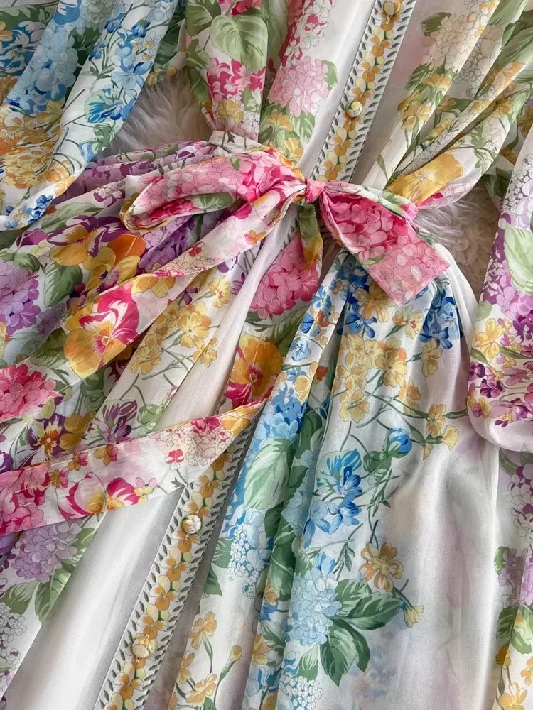 Bohemian Floral Chiffon Summer Dresses for Women 2024 Runway Stand Collar Lantern Sleeve Beach Holiday Long Vestidos Boho Robe