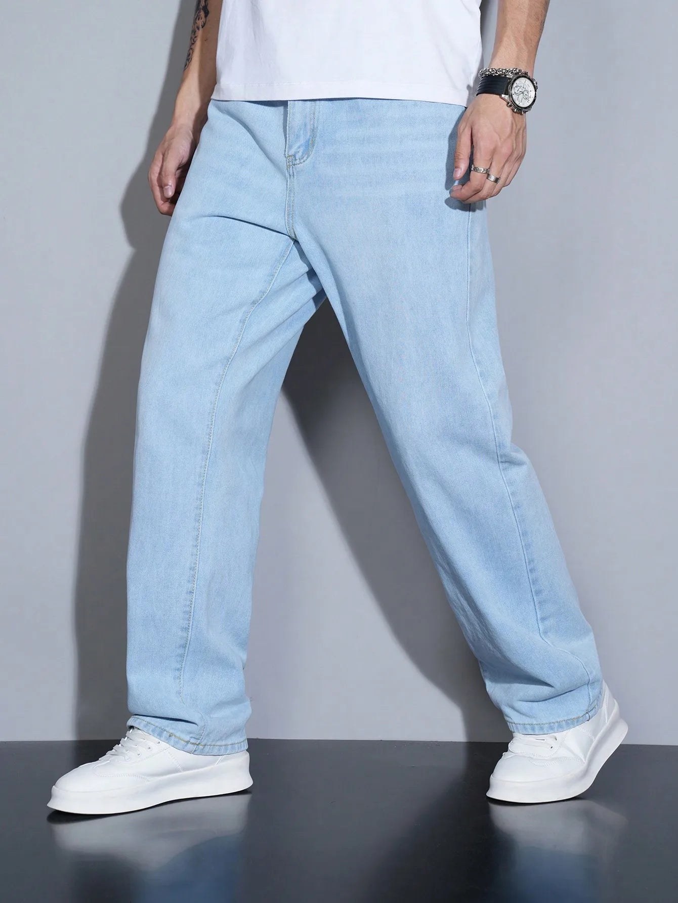 Manfinity Homme Men's Straight Loose Fit Multi-Pocket Casual Denim Jeans
