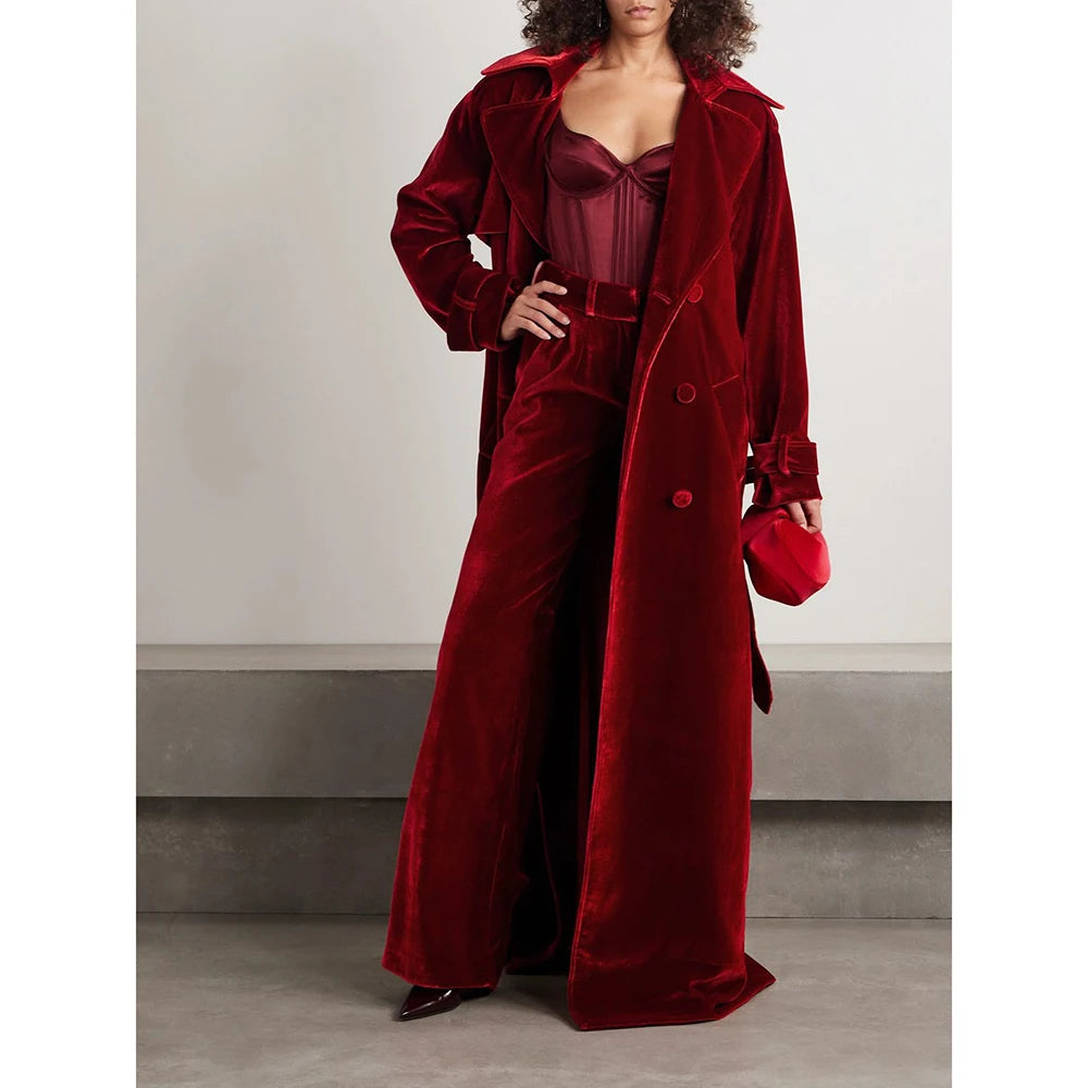 Casual Linen Women Suit Red Flannel 2 Pieces(Long Jacket+Pants)Single-breasted Peaked Lapel Winter Warm Office Lady Business Set