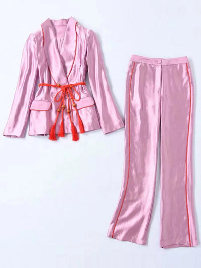 LD LINDA DELLA Fashion Designer Autumn Purple Pants Suit Women's Slim Long sleeve Belted Blazer and Pants Two Pieces Sets