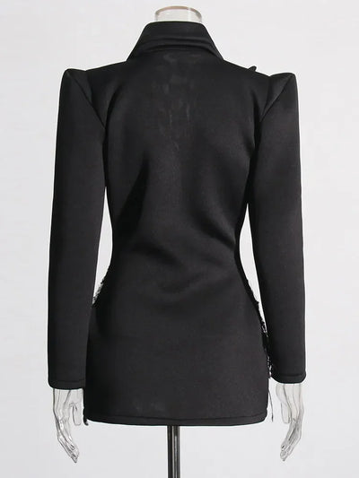 TWOTWINSTYLE Spliced Sequins Chic Dress For Women Lapel Long Sleeve High Waist Patchwork Pearls Temperament Dresses Female New