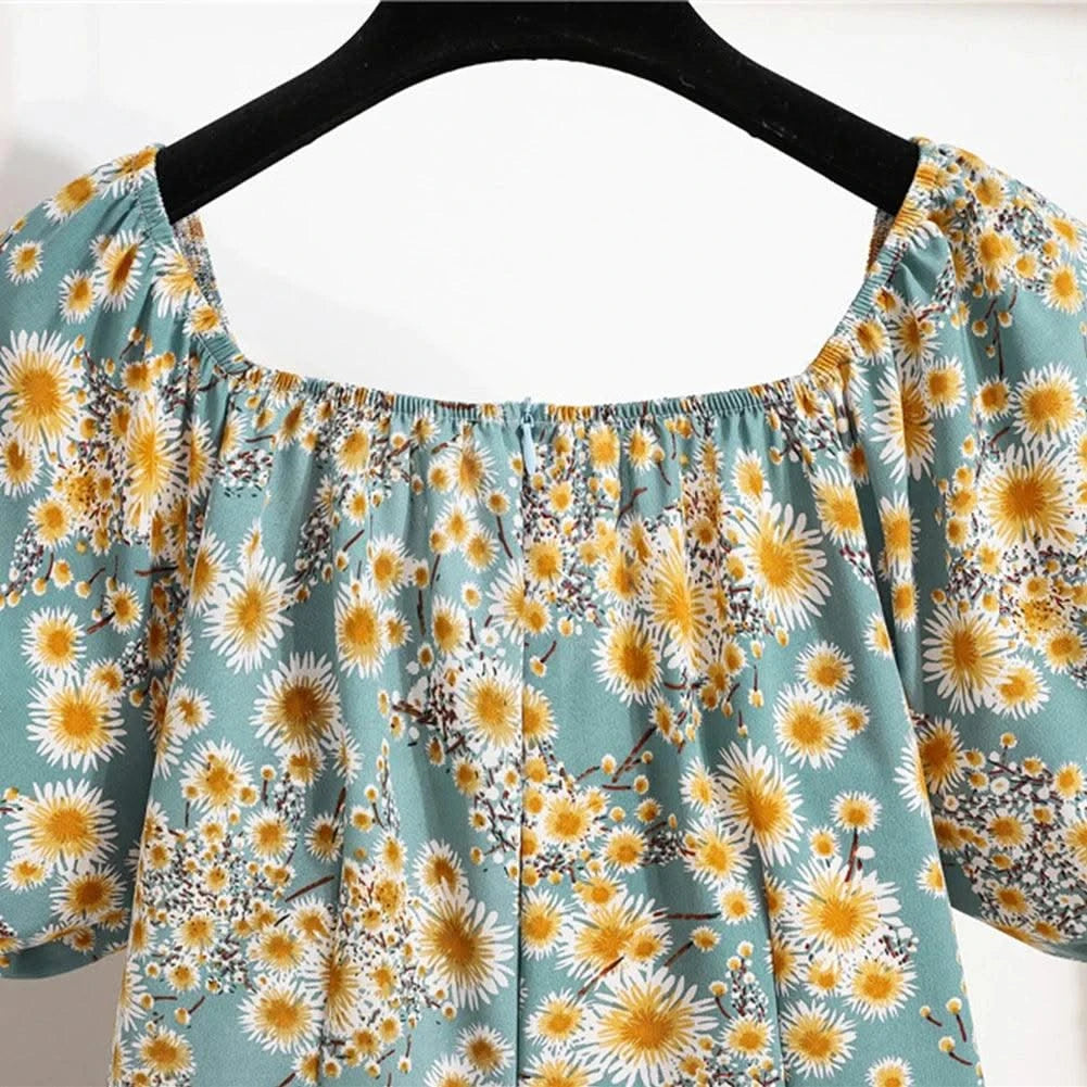 Women Mini Dresses Summer Fashion Female Vestidos Print Floral Chiffon Dresses Shirring Pleated Short Puffy Sleeve Casual Dress