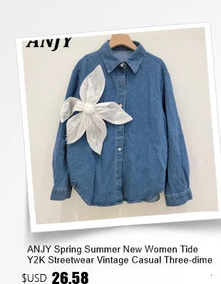 ANJY Autumn New Women Chic Two-Piece Set Studded Diamonds Streetwear Denim Shirt Drawstring Straight Elegant Casual Pants  A9654