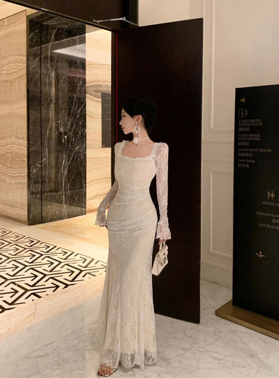 Women Korean Fashion Chic Luxury Evening Dress Autumn Winter White Lace Diamond Square Collar Dress 2025 Elegant Mermaid Dresses