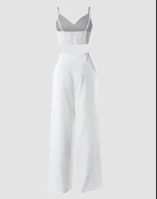 Summer Sexy 2 Piece Set Women V-Neck Strap Shirred Slim Crop Top & Lace-up Wide Leg Pants Sets Elegant Holiday Lady Suit