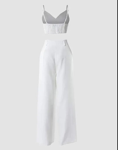 Summer Sexy 2 Piece Set Women V-Neck Strap Shirred Slim Crop Top & Lace-up Wide Leg Pants Sets Elegant Holiday Lady Suit