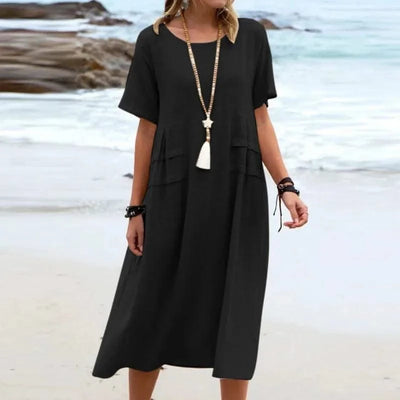 2025 Summer Fashion New Women's Elegant Long Cotton and Hemp Dress Round Neck Vacation Short Sleeve Medium Long Dress