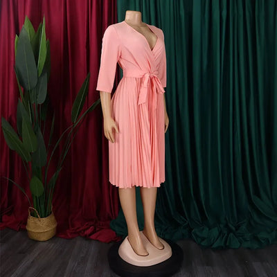 Elegant Office Dresses for Women Professional V Neck Full Sleeve Sashes Pleated Mid Calf Formal Business Work Wear Dress Midi OL