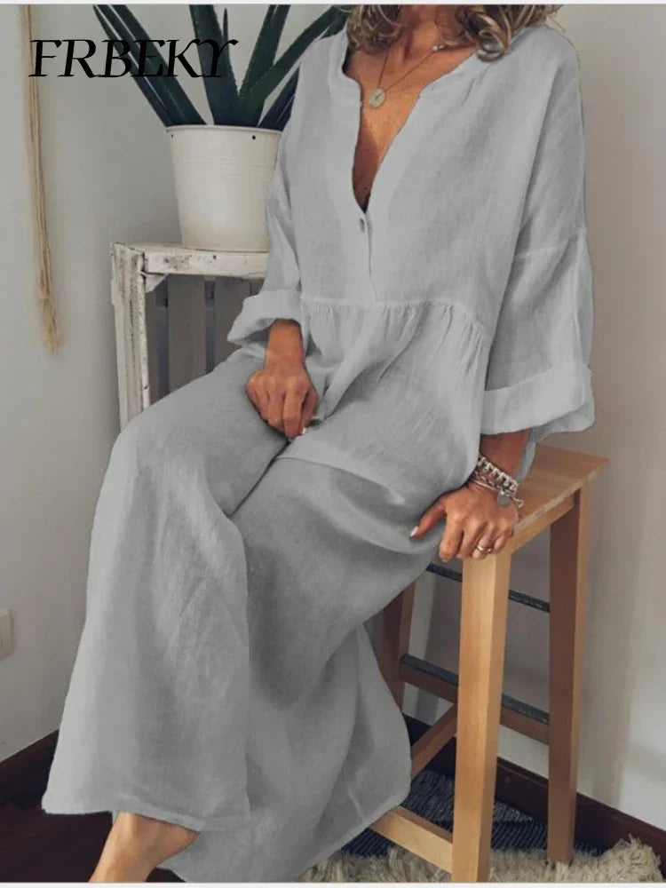 Women's Summer Dress New Long-sleeved V-neck Big Swing Dress Women Dresses for Women 2024 Casual Commuter Office Lady Vestidos
