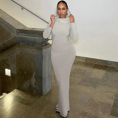 Hooded Long Dress For Women Y2k Clothes Sexy Streetwear Long Sleeve Bodycon Vestidos De Mujer Solid Robe Femme Été Back Split