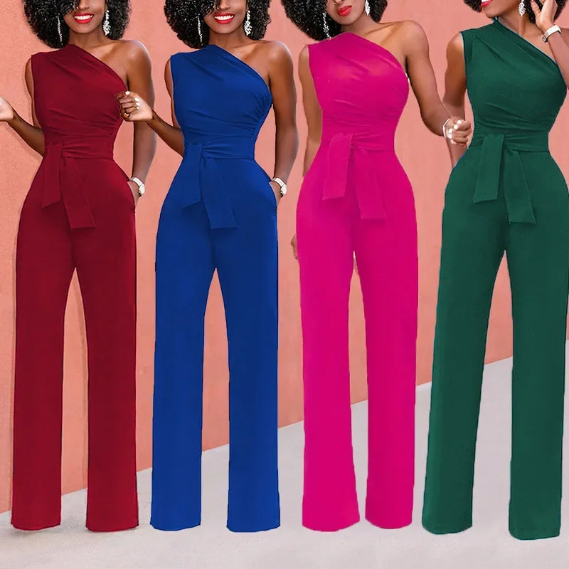Women's Jumpsuit Solid Skew Collar Crop Top Straight Pants Belt Sexy Sleeveless Loose Pants Elegant Charming Playsuits 2024