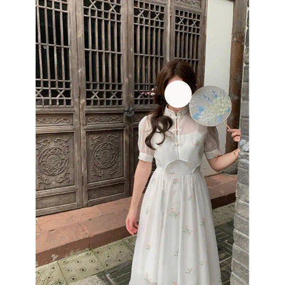 Dress Sets Summer Women Chinese Style Floral Hight Waist Mesh Midi Dresses Elegant Casual Gentle Wind Female Dress Vestidos