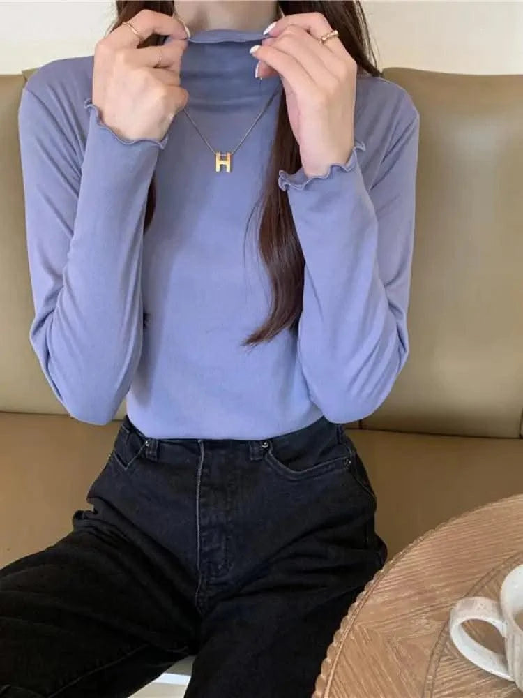 Skinny High Elastic Mock Neck Pullover Long Sleeve T-shirts For Women