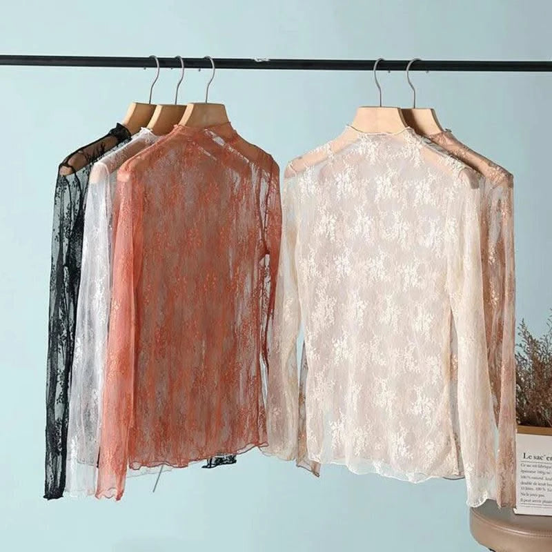 Women Mesh T-Shirts Transparent Lace Blouse Long Sleeve See Through Tops