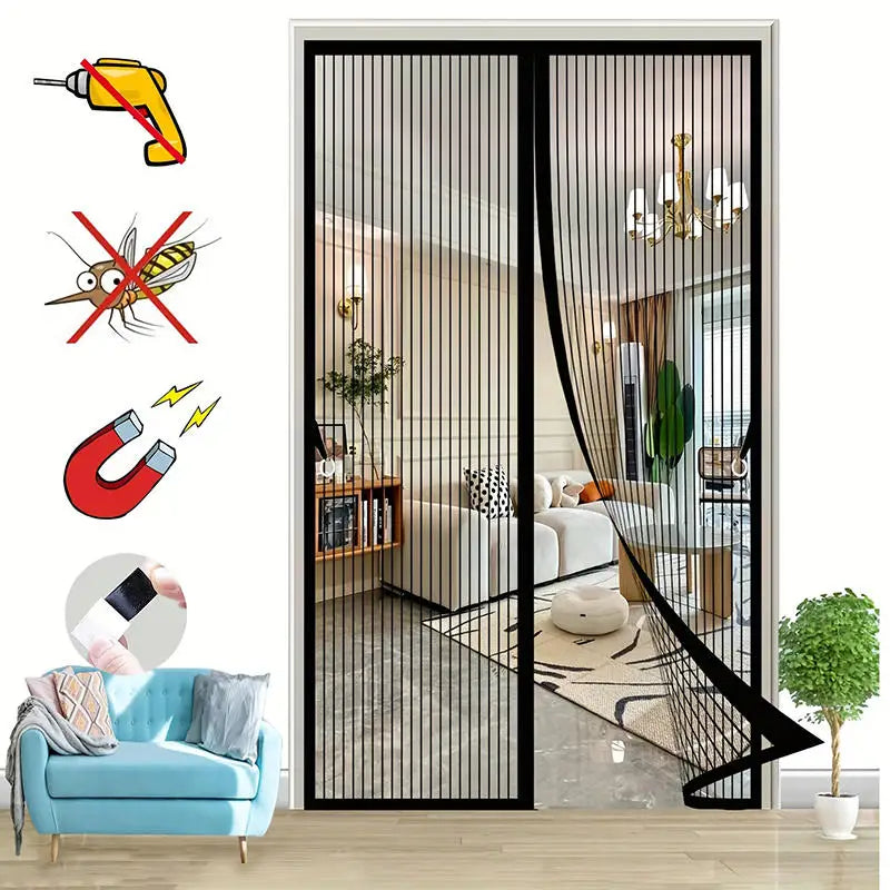 Heavy Duty Magnetic Screen Door Mesh Curtain Mosquito Net Bug Hands Free Partition Mute Striped Door Curtain Bedroom Ventilation