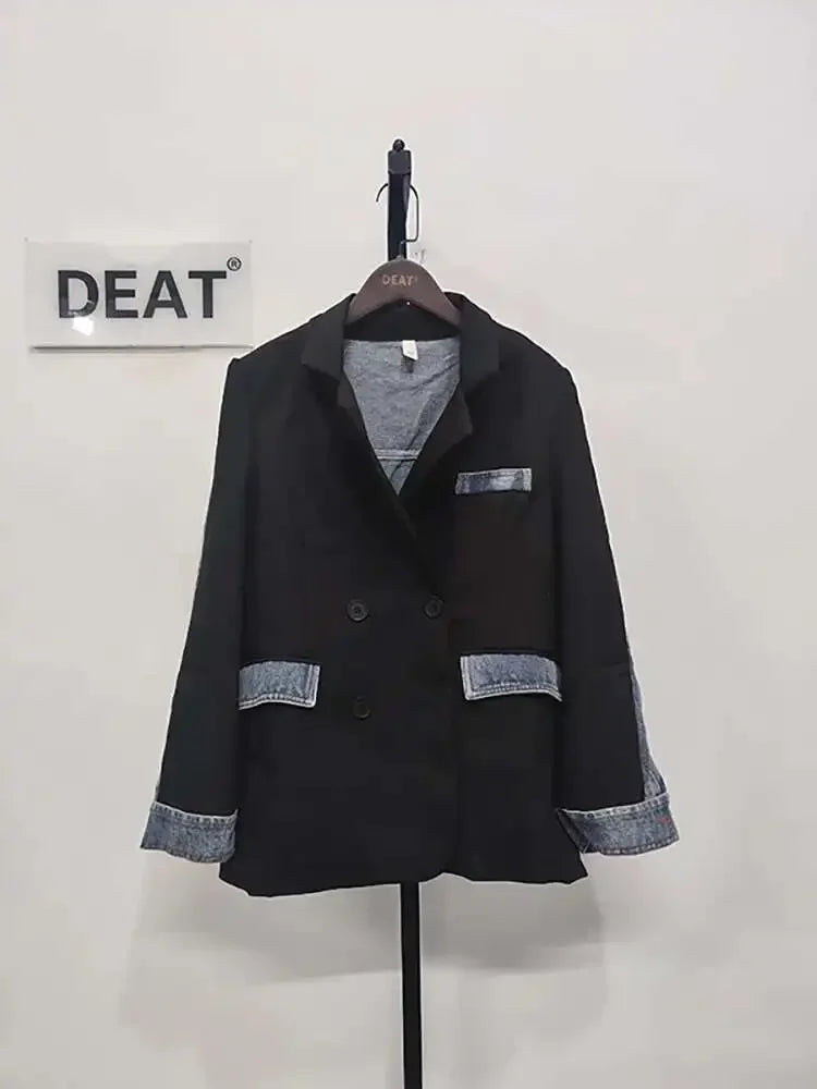 DEAT Women's Blazer Notched Collar Patchwork Denim Long Sleeve Khaki Long Sleeve Suit Coat  2024 Summer New Fashion  29L1530