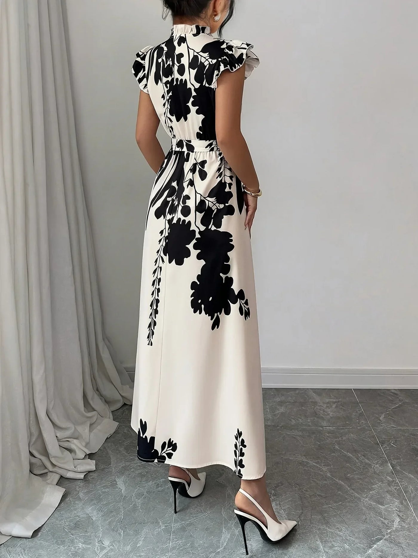 Summer Dress Women Flower Floral Print Fashion Elegant Ladies Dresses Slim High Waist Ruffle Pleated Woman Dress