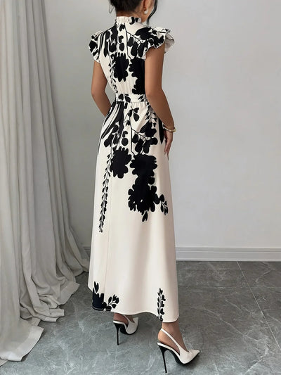 Summer Dress Women Flower Floral Print Fashion Elegant Ladies Dresses Slim High Waist Ruffle Pleated Woman Dress