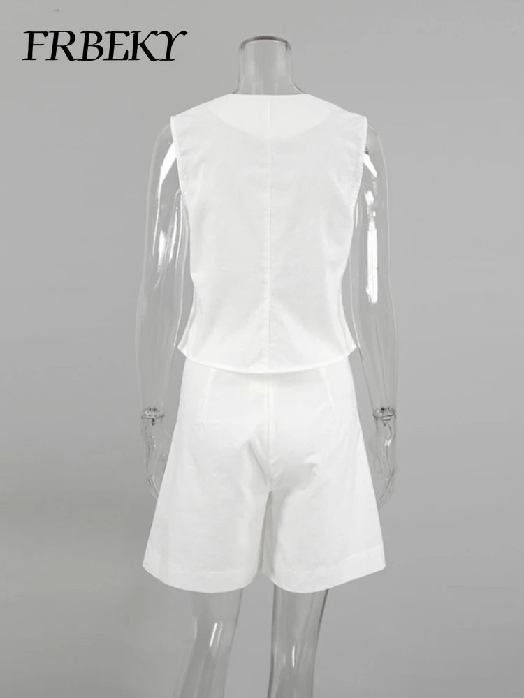 New Cotton Linen Vest Short Sets Casual Sleeveless Undershirt Shorts Sets for Women 2 Pieces Outfit Office Lady White Pant Sets