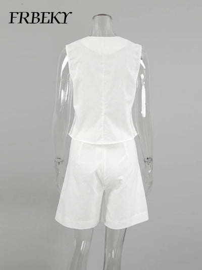 New Cotton Linen Vest Short Sets Casual Sleeveless Undershirt Shorts Sets for Women 2 Pieces Outfit Office Lady White Pant Sets