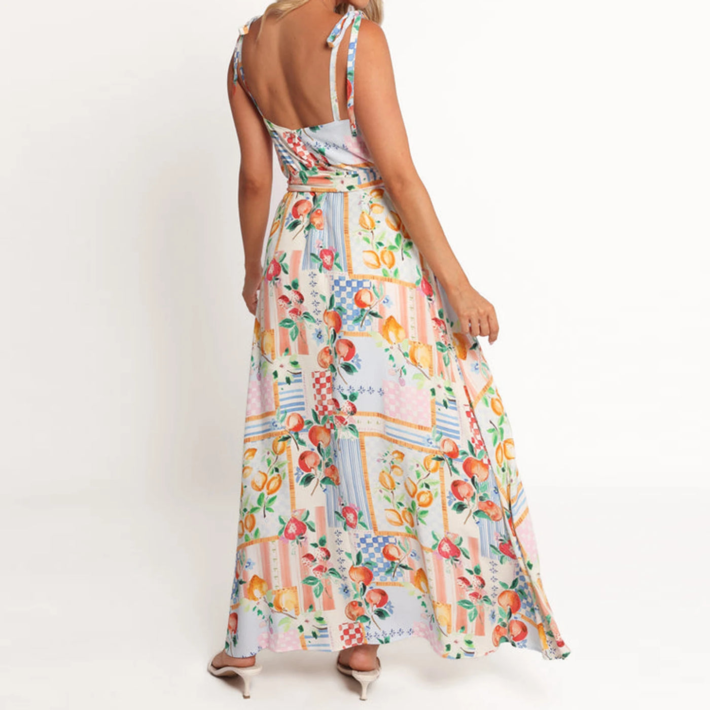 Women Slip Dress Spaghetti Straps Backless Fruit Flower Print Swing Dress Summer Long Dress with Belt for Cocktail Party