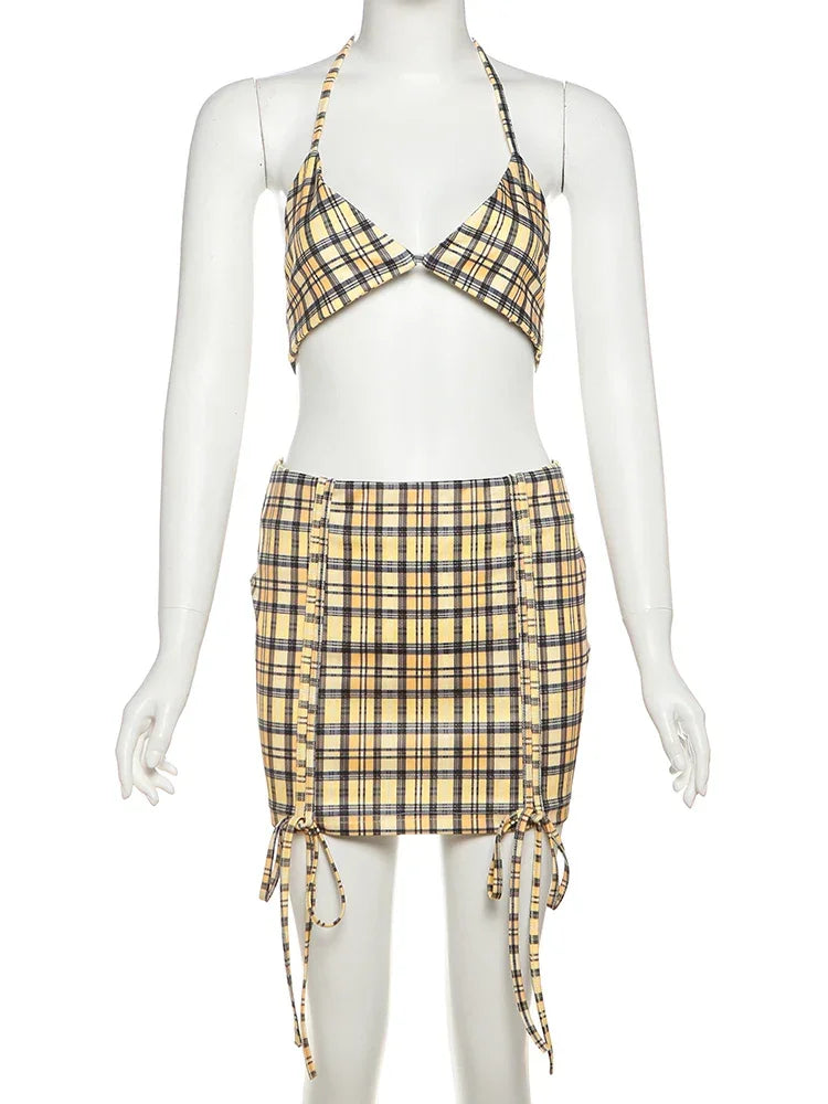 Whatiwear Street Fashion 3 Piece Set Women Polo-Neck Single-Breasted Blouse+Halter Bra+Plaid Print Shirring Skirts Y2K Style Set