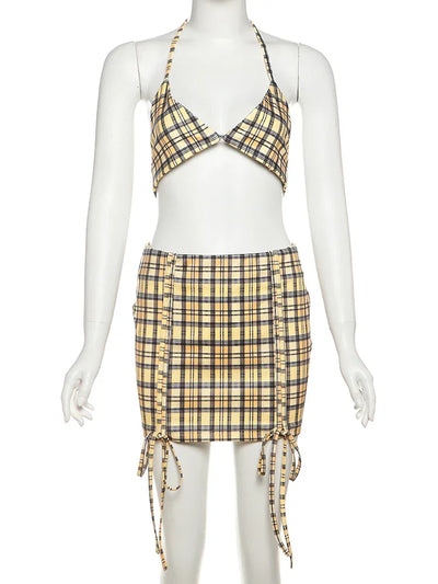 Whatiwear Street Fashion 3 Piece Set Women Polo-Neck Single-Breasted Blouse+Halter Bra+Plaid Print Shirring Skirts Y2K Style Set