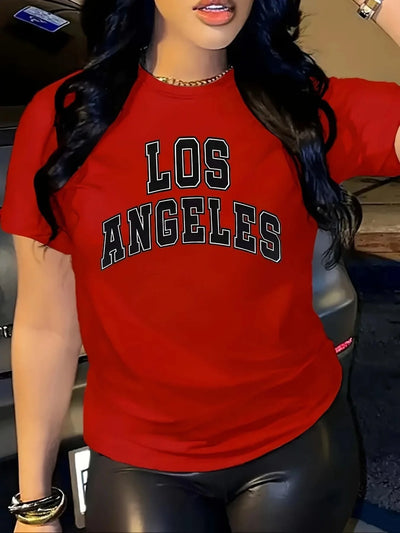 Women's red T-shirt LOS ANGELES Casual Round Neck short Sleeve Tops