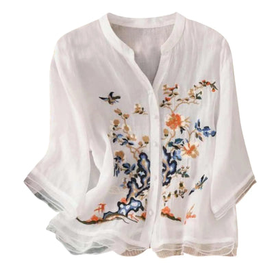 3/4 Sleeve Cotton Linen Shirts For Women 2025 Summer Boho Retro Embroidered Tops Dressy Casual Trendy Vacation Blouse Y2K Tops