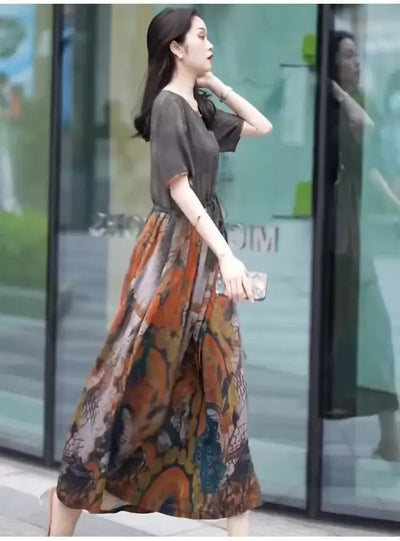 Fashionable Dress for Women 2025 Summer New Retro Drawstring Waist-hugging Long A-line Skirt
