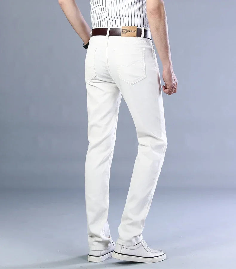 Men's Jeans Pure White Fashion Elastic Slim Youth Slimming Straight Leg Male Pants Business Casual Middle Age High End Trousers