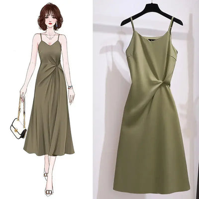 Slip Sundress Midi Green Dresses for Women 2024 Woman Dress Black Clothes Trendy Aesthetic Sensual Sexy One-piece X Retro Cotton