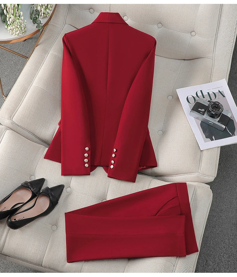 High Quality Suit Office Casual Two Piece Set Spring Autumn Women Double Breasted Blazers+Straight Zipper Trousers Women Outfit