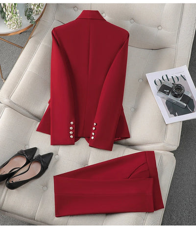 High Quality Suit Office Casual Two Piece Set Spring Autumn Women Double Breasted Blazers+Straight Zipper Trousers Women Outfit