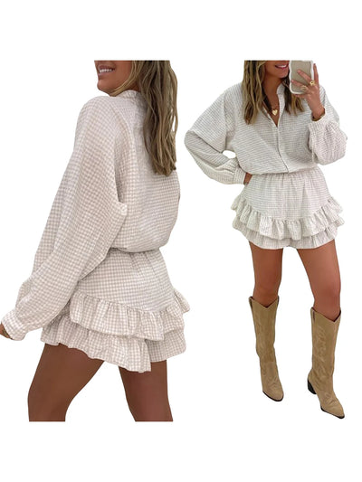 Women's Aesthetic 2 Piece Clothes Outfits Sets Plaid Long Sleeve Button Down Shirts Tops Tiered Ruffle Skirted Shorts Loungewear
