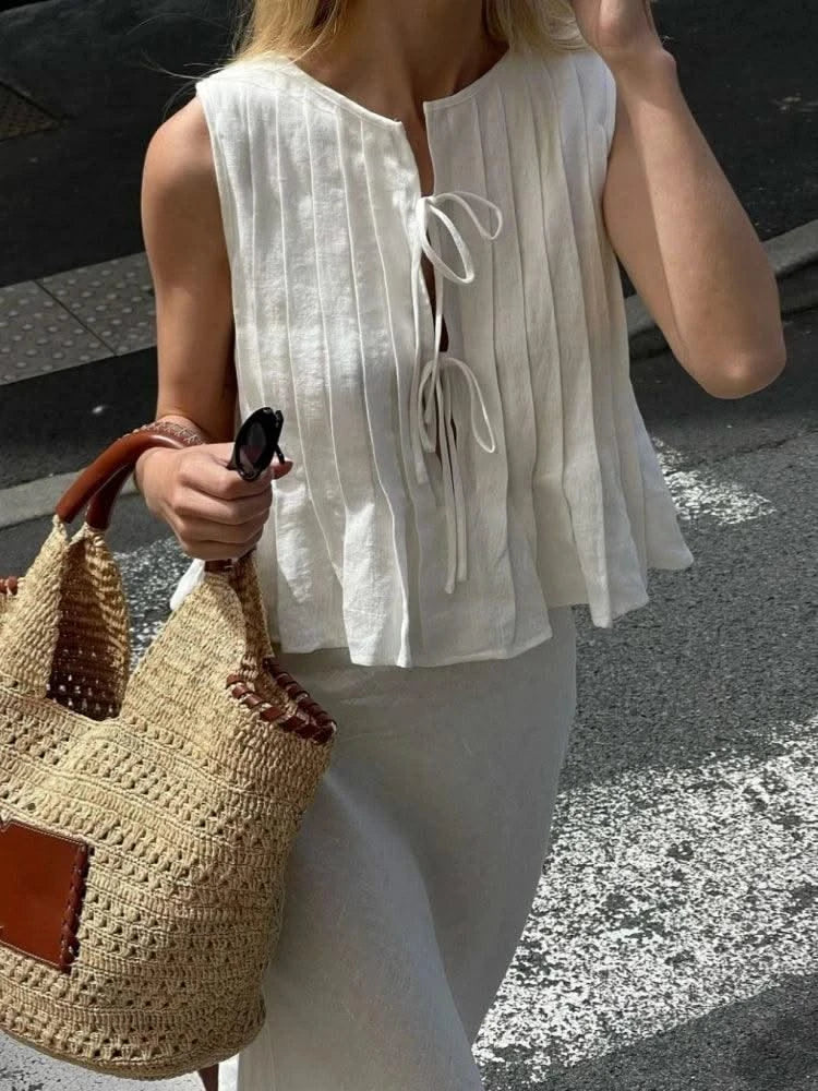 Linen Cotton Pleated Lace-up Elegant White Women Tops Tanks 2025 Summer Women Causal O-neck Sleeveless Ruffles Vest Streetwear