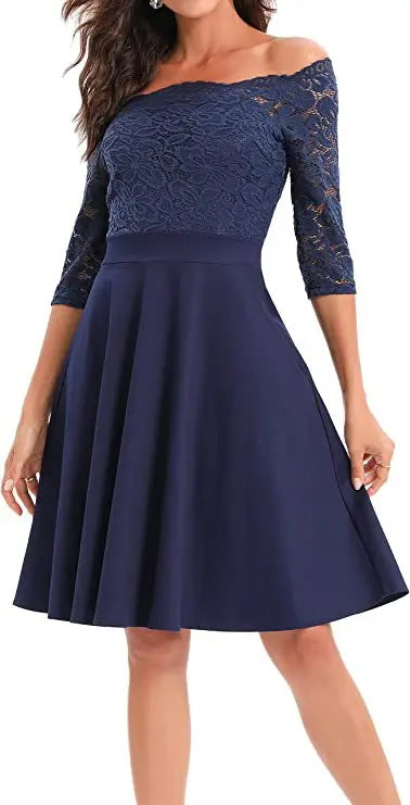 Women Elegant Wedding Bridesmaid Dinner Dress Sexy Lace Off Shoulder Party Dresses Solid Color Half Sleeve Evening Gown Vestido