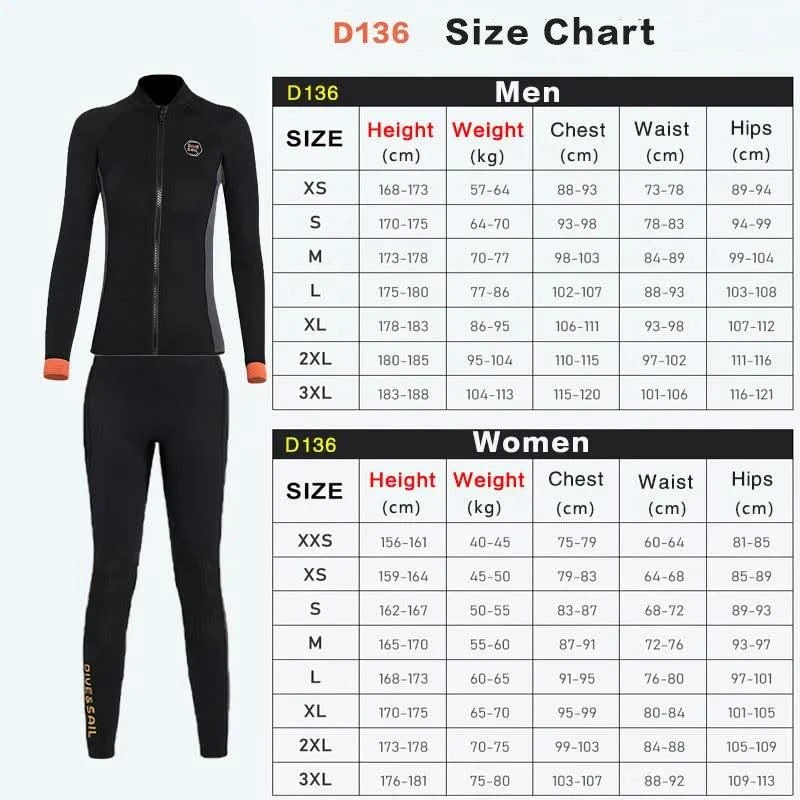 Wetsuit 3MM Neoprene Men Long Sleeve Split Wetsuit Warm Jacket Pants Plus Size Women Swimsuit Scuba Diving Snorkeling Surf Suit