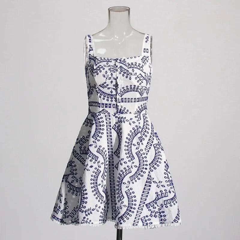 Summer Sundress Holiday Print Embroidery Cotton Short Cake Dress Women Sleeveless Tank Elastic Back Cocktail Party Vestidos
